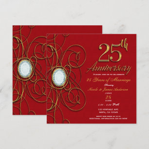 Invitación Elegante diamante rojo y dorado 25 Aniversario 25
