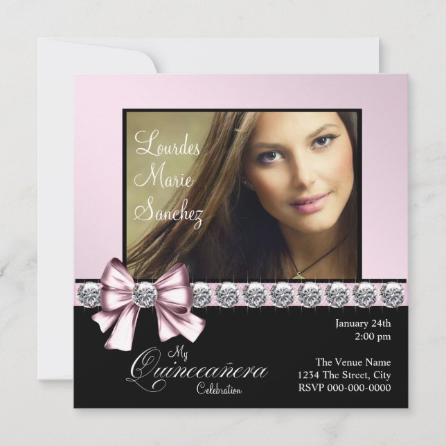 Invitación Elegante Diamante Rosa Bow Foto Quinceanera (Anverso)
