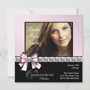 Invitación Elegante Diamante Rosa Bow Foto Quinceanera