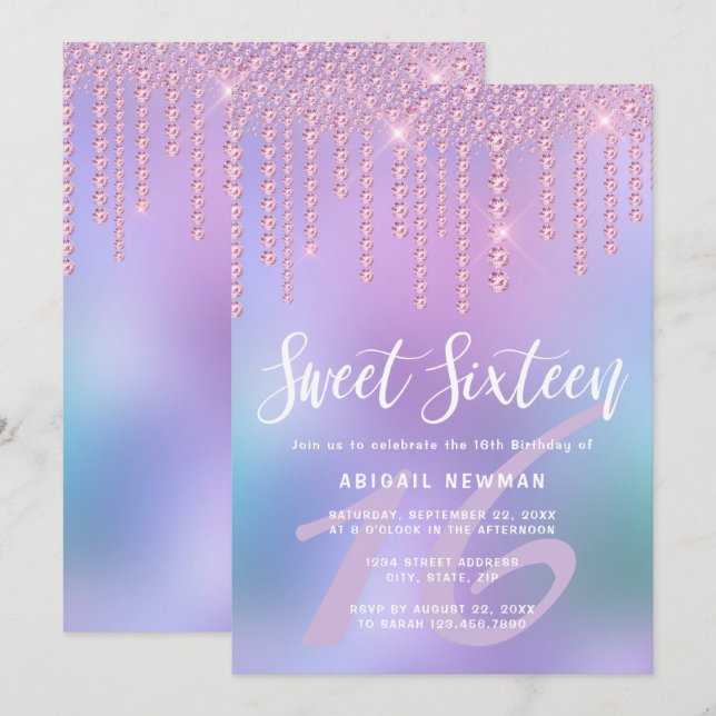 Invitación Elegante diamante rosa rosa dorado gotea dulce die (Anverso / Reverso)