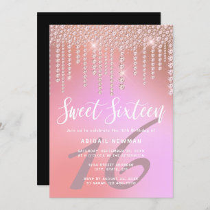 Invitación Elegante diamante rosa rosa dorado gotea dulce die