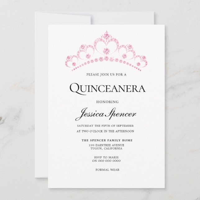 Invitación Elegante Diamante Rosa Tiara Quinceanera Invitado (Anverso)