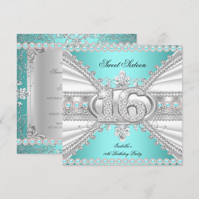 Invitación Elegante Diamante Verde azulado dulce 16 Dieciséis (Anverso / Reverso)