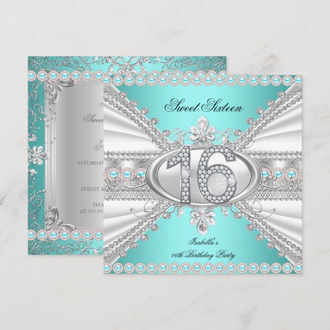 Invitación Elegante Diamante Verde azulado dulce 16 Dieciséis (Anverso / Reverso)