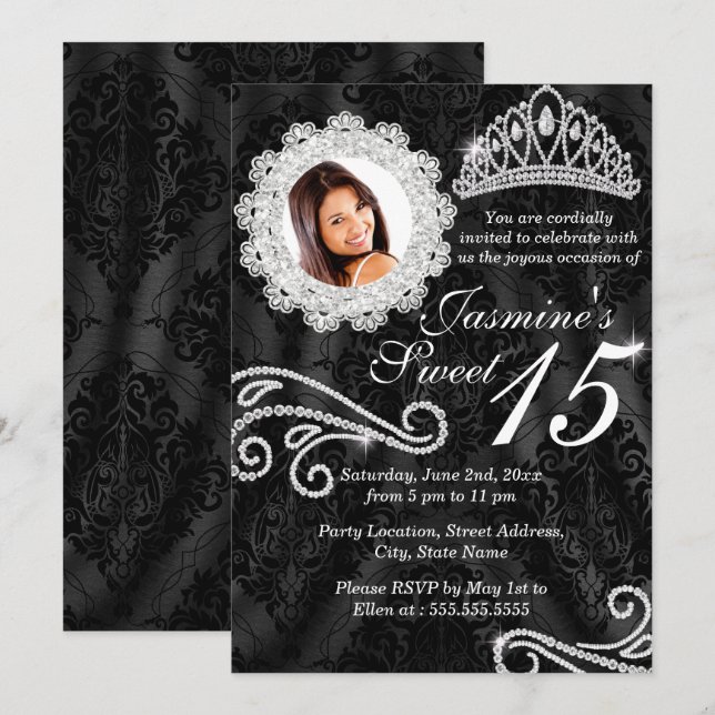 Invitación Elegante Diamante y Damask Foto Quinceanera Invita (Anverso / Reverso)