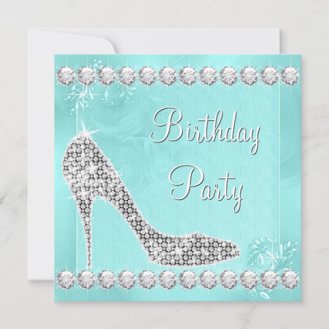 Invitación Elegante Diamante y Verde azulada fiesta de cumple (Anverso)