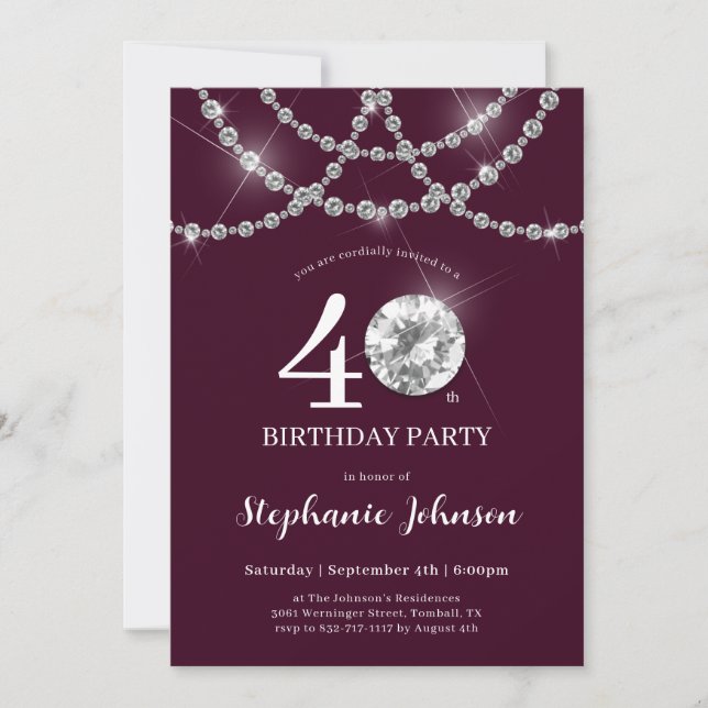 Invitación Elegante Diamantes Borgoña 40 Fiesta de cumpleaños (Anverso)