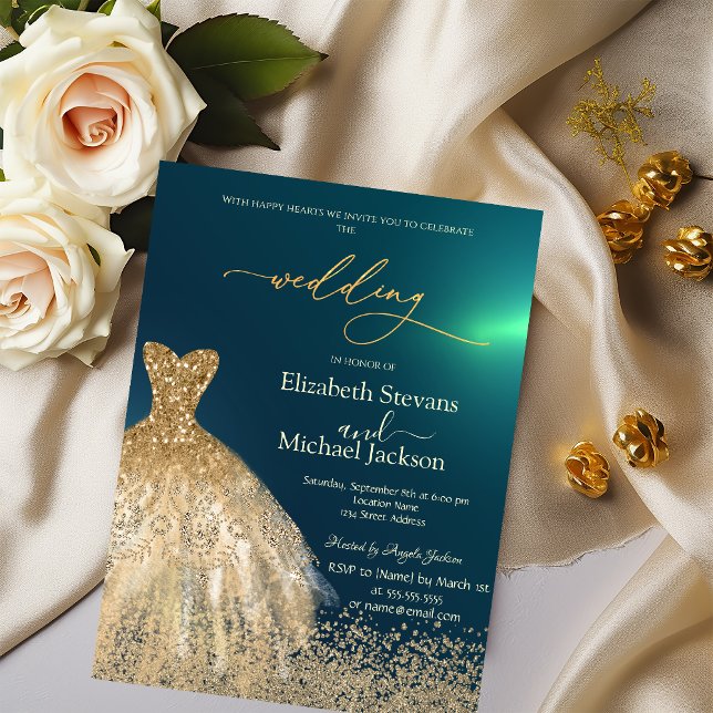 Invitación Elegante Diamantes de Oro Vestidos Boda Verde (Subido por el creador)