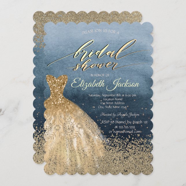 Invitación Elegante Diamantes de Oro Vestidos Ducha Azul Brid (Anverso / Reverso)