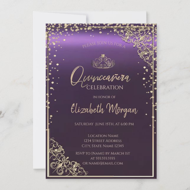 Invitación Elegante Diamantes Frame Purple Quinceañera (Anverso)