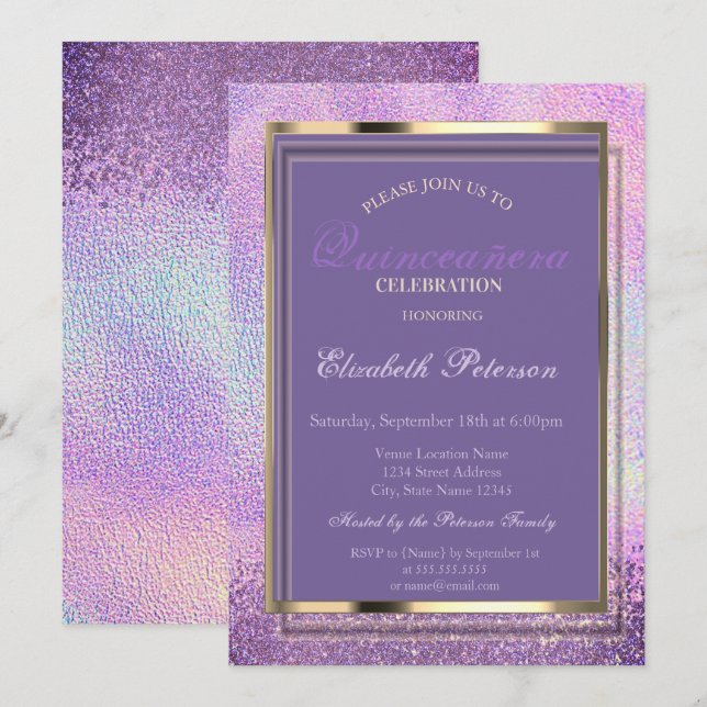 Invitación Elegante Diamantes Holografía Quinceañera (Anverso / Reverso)