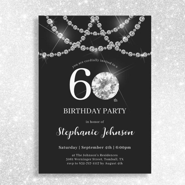 Invitación Elegante Diamantes Negros Fiesta de Cumpleaños 60 (Mockup View)