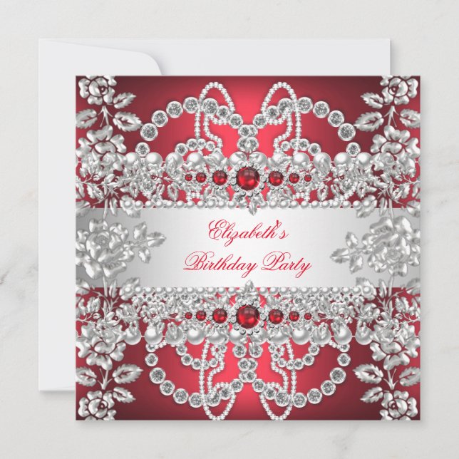 Invitación Elegante Diamantes Rojos Profundos Cumpleaños Flor (Anverso)