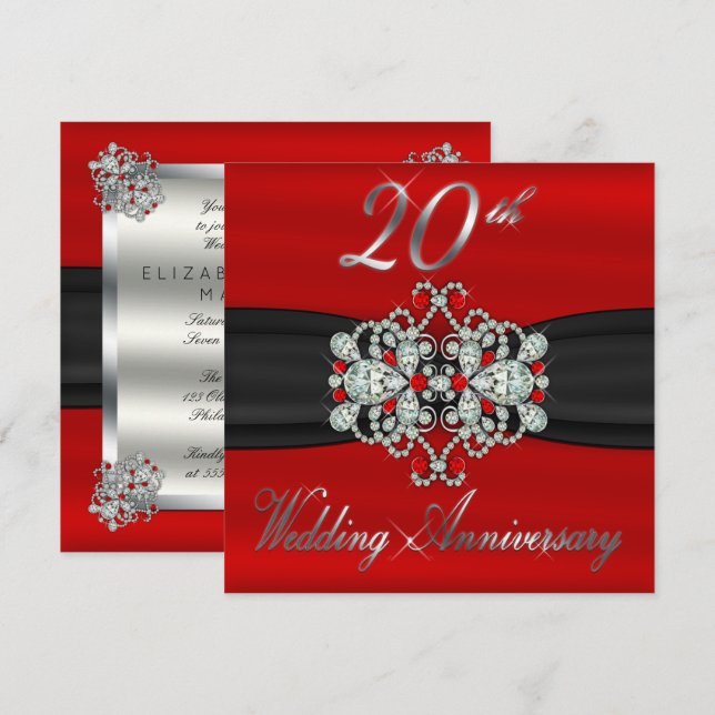 Invitación Elegante Diamantes Rubies 20° Aniversario Boda (Anverso / Reverso)
