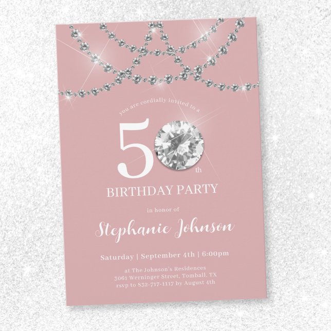 Invitación Elegante Diamantes Rubor Pink 50 cumpleaños (Elegant Diamonds Blush Pink 50th Birthday Invitation)