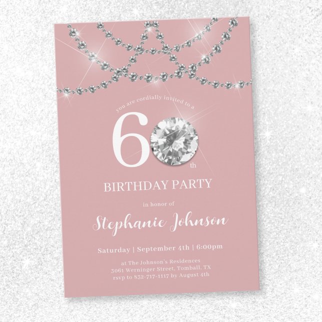 Invitación Elegante Diamantes Rubor Pink 60 cumpleaños (Elegant Diamonds Blush Pink 60th Birthday Invitation)