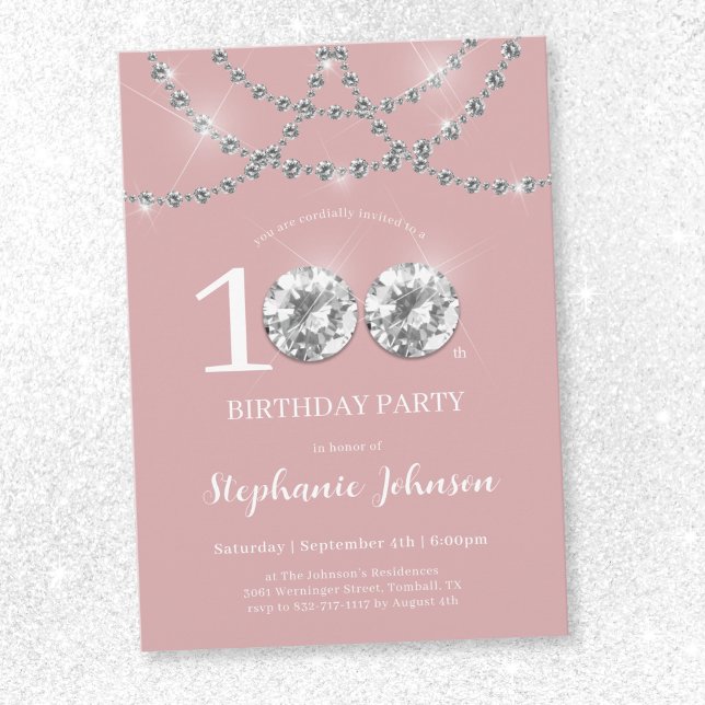 Invitación Elegante Diamantes Rubor Rosa 100 cumpleaños (Elegant Diamonds Blush Pink 100th Birthday Invitation)