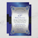 Invitación Elegante Diamantes Sapphires Azul 45 Aniversario<br><div class="desc">Invitación a los 45 años del boda, de diseño y elegancia, con estampado de satén azul zafiro y cinta de satén negra con diamantes y esquinas de zafiro. La cinta negra falsa y el fondo de zafiro gradiente se prolongan en la parte trasera para un aspecto refinado y pulido. Diseño...</div>