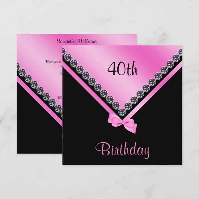 Invitación Elegante Diamantes Sparkly y Bow Rosa 40 cumpleaño (Anverso / Reverso)