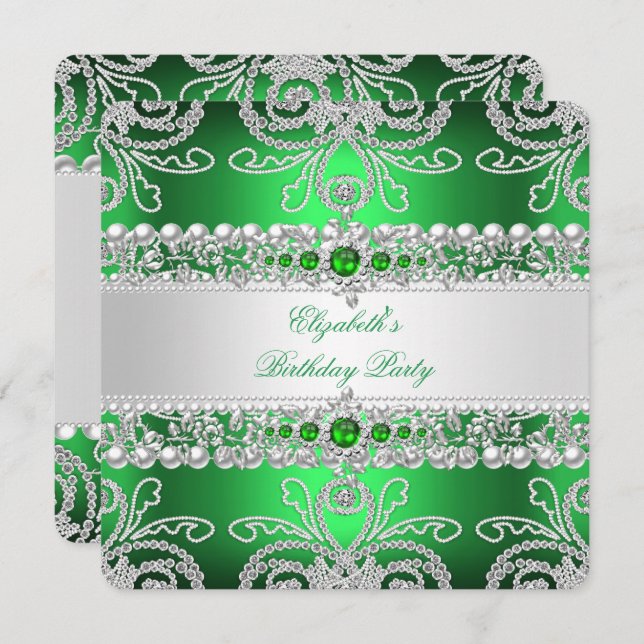 Invitación Elegante Diamantes Verdes Plata Cumpleaños Floral (Anverso / Reverso)