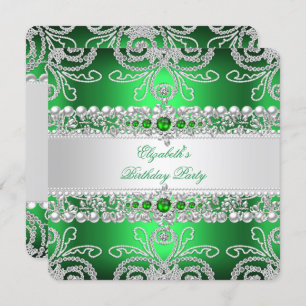 Invitación Elegante Diamantes Verdes Plata Cumpleaños Floral