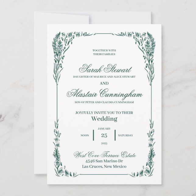 Invitación Elegante Dibujada a Mano Verde y Marfil (Anverso)