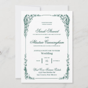 Invitación Elegante Dibujada a Mano Verde y Marfil