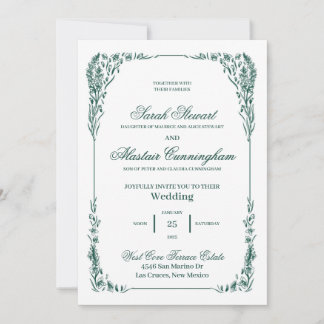 Invitación Elegante Dibujada a Mano Verde y Marfil