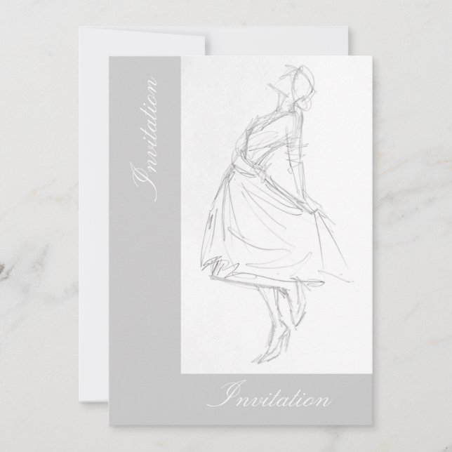 Invitación Elegante dibujo a lápiz de mujer vestido (Anverso)