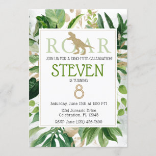Invitación Elegante Dinosaurio Green y Gold Birday