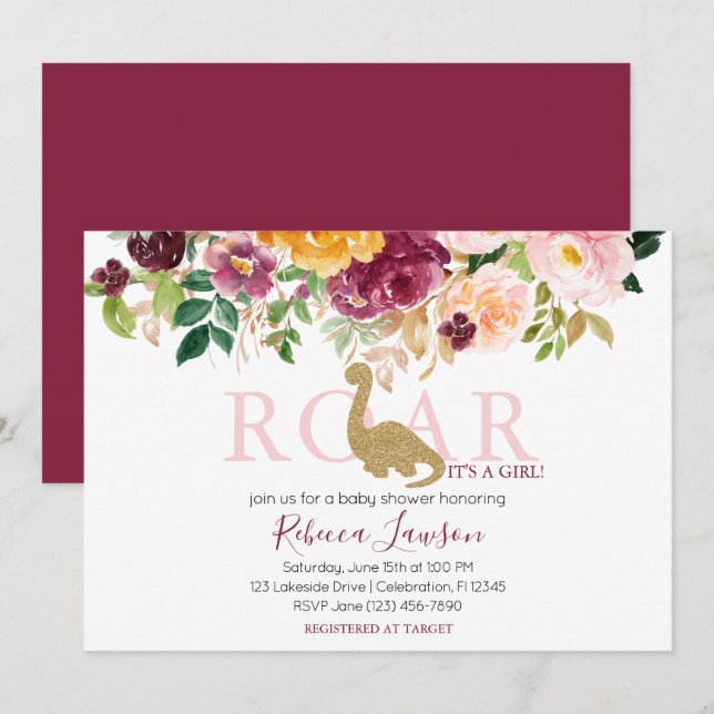 Invitación Elegante Dinosaurio Rosa & Maroon Baby Shower (Anverso / Reverso)