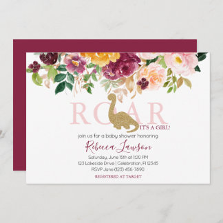 Invitación Elegante Dinosaurio Rosa & Maroon Baby Shower