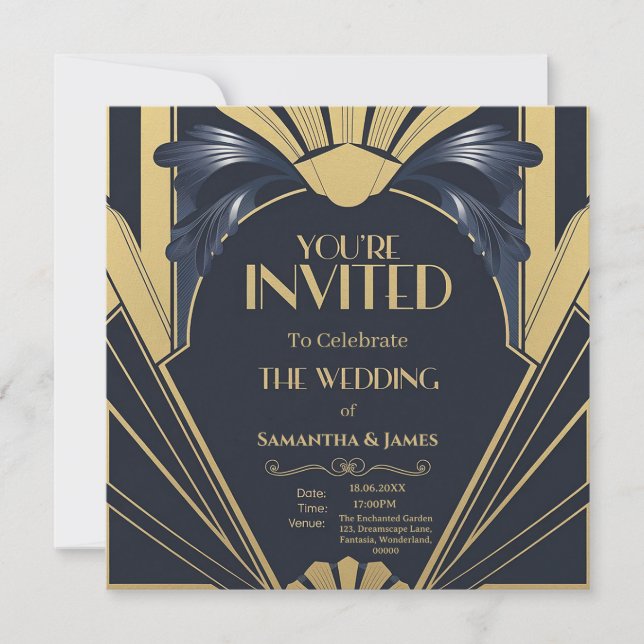 Invitación Elegante diseño Art Deco Boda - Marina y Oro (Anverso)