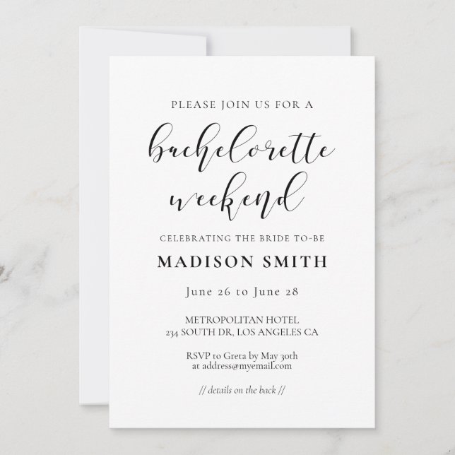 Invitación Elegante diseño Bachelorette Weekend (Anverso)
