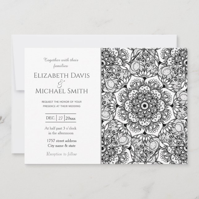 Invitación Elegante diseño blanco de Mandala floral negro (Anverso)