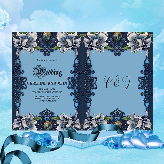 Invitación Elegante diseño celta azul (Blue celtic design)