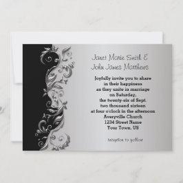 Invitación Elegante diseño de Boda floral negro y plateado