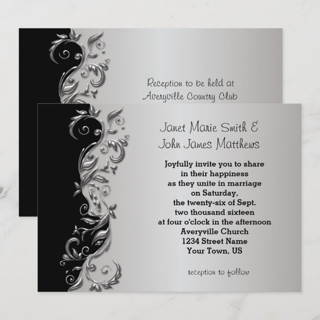 Invitación Elegante diseño de Boda floral negro y plateado (Anverso / Reverso)