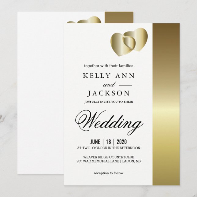Invitación Elegante diseño de corazones dorados (Anverso / Reverso)