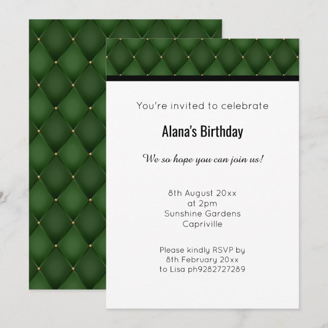 INVITACIÓN ELEGANTE DISEÑO DE DIAMANTES DE ORO VERDE (Anverso / Reverso)