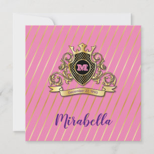 Invitación Elegante diseño de estilo monagrama rosado y dorad
