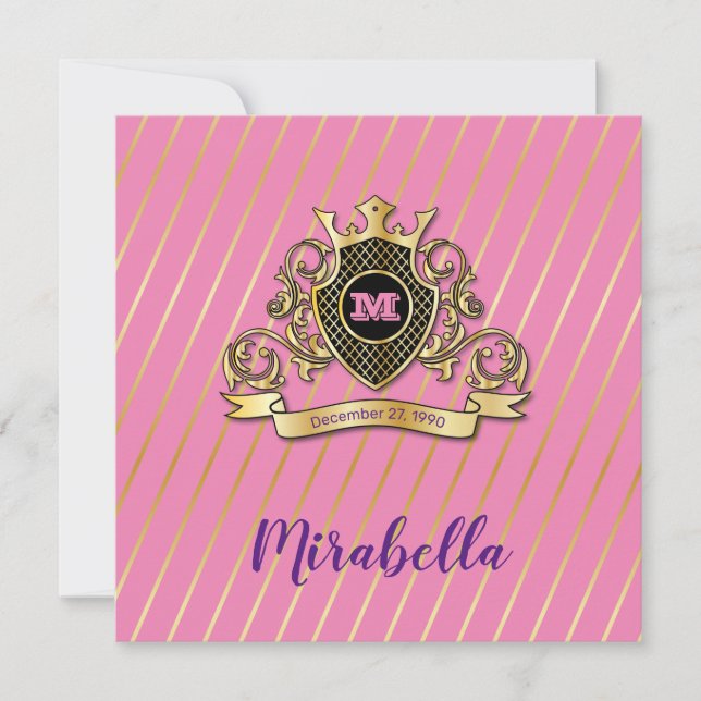 Invitación Elegante diseño de estilo monagrama rosado y dorad (Anverso)