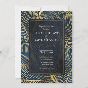 Invitación Elegante diseño de hoja de oro azul