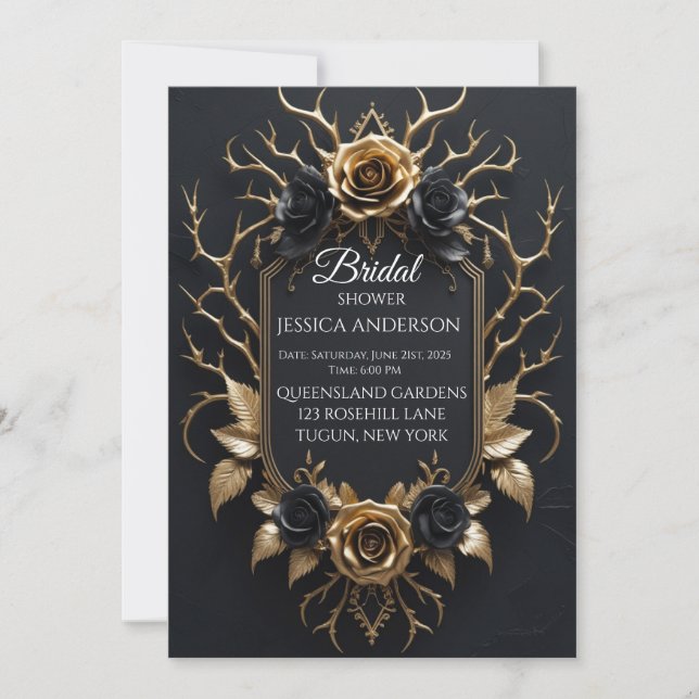 Invitación Elegante diseño de lujo floral negro y dorado (Anverso)