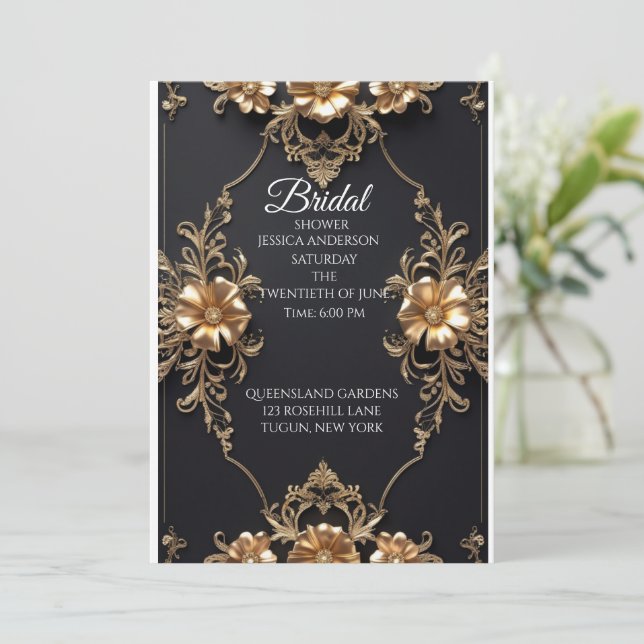Invitación Elegante diseño de lujo floral negro y dorado (Anverso de pie)