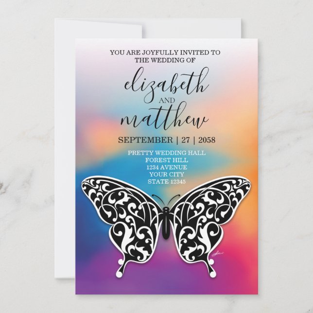 Invitación Elegante diseño de mariposa y atardecer (Anverso)