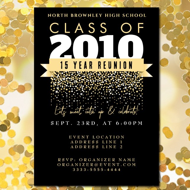 Invitación Elegante diseño de unión escolar (Elegant High School Reunion design with golden confetti)