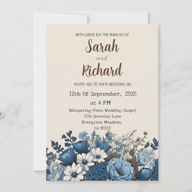 Invitación Elegante diseño floral azul con fondo crema (Anverso)