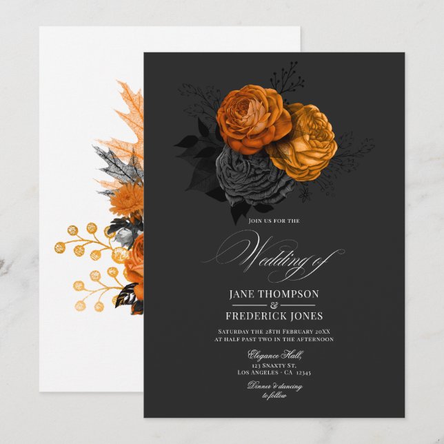 Invitación Elegante diseño floral negro y Naranja gótico (Anverso / Reverso)