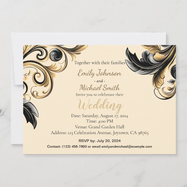 Invitación Elegante diseño negro y dorado (Anverso)